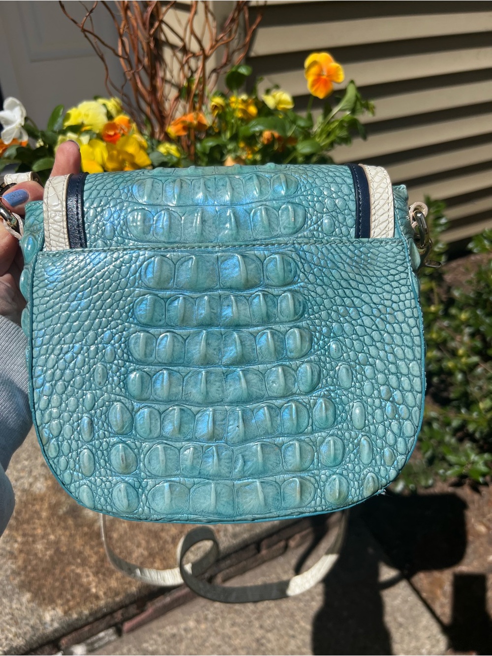 Brahmin Mini Sonny Turquoise Croc-Embossed Crossbody with White and Navy Trim - Picture 2 of 9